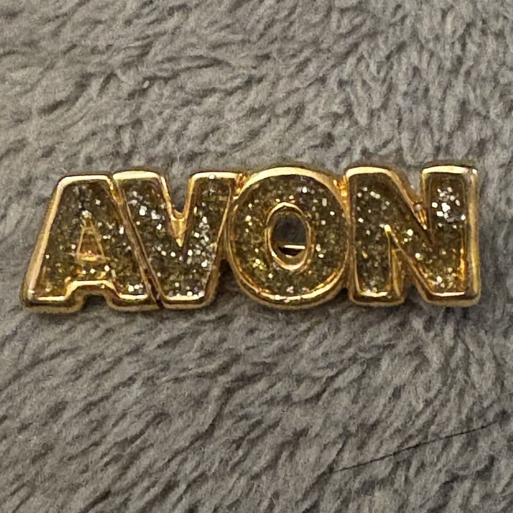 Vintage 90s Avon Gold Tone Lapel Pin Representative Spellout Sparkle Y2K Retro